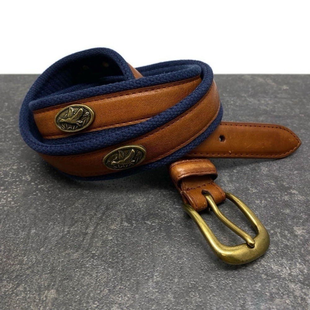Flying‎ Duck Medallion Golf Belt Men's 38 Waist Tan Leather & Blue Woven Fabric